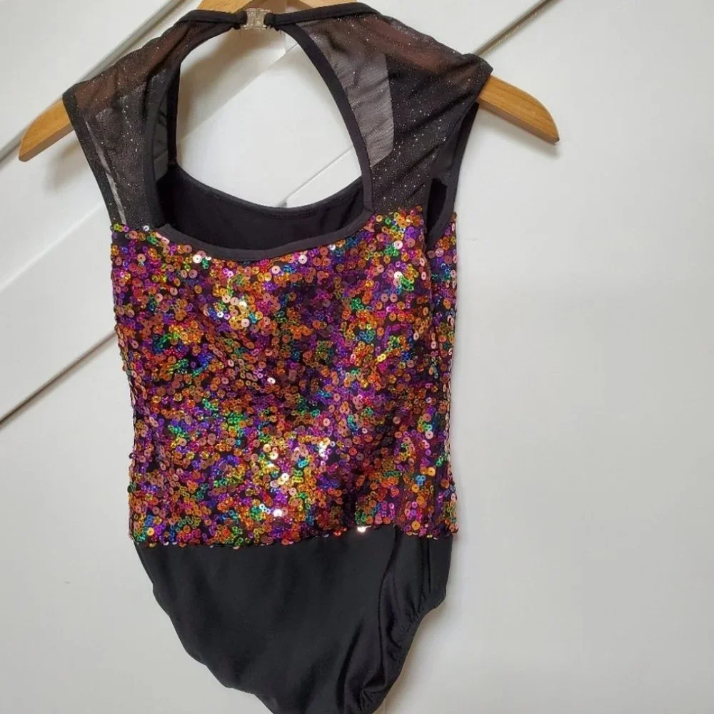 Dance costume leotard multi color sequence w. black sleeves and bottom